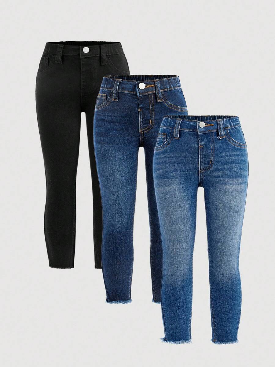 SHEIN 年轻女孩休闲磨边口袋水洗牛仔裤