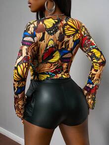 Slaydiva 2025 Spring/Summer/Autumn/Winter New Arrival Sexy Y2K Butterfly Print Front Lace-Up Hollow Mesh Sheer Long Sleeve Women Top - A - Multicolor - View 3