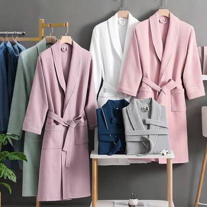 SHEIN 1件华夫格纯棉浴袍 成人男女纯棉浴袍 春夏浴袍 民宿酒店SPA浴袍 吸水速干 宽松多色 浴室用品 家居用品