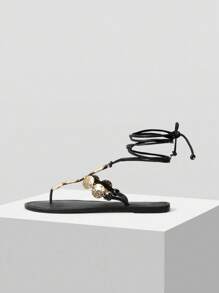 MOTF PREMIUM PU LEATHER ROPE DETAIL FLAT SANDALS, BEACH & VACATION - Black - View 1