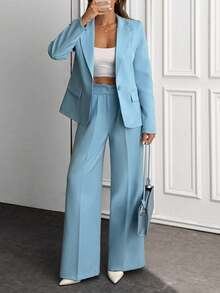 EURMUSE 2 件纯色西装外套和阔腿裤 - 淺藍色 - 查看 4