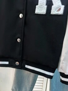 Tween Girl Letter Patched Striped Trim Drop Shoulder Varsity Jacket - Black and White - View 5