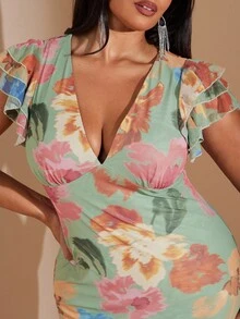 SHEIN BAE 大码女式优雅大号花卉网眼印花紧身 V 领连衣裙，长款，合身，修饰手臂，适合日常、外出、约会、下午茶、度假、春夏季、返校季女士连衣裙优雅女士正装 - 薄荷綠 - 查看 7