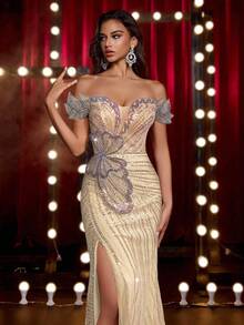 Glamrae 优雅、奢华、迷人的珍珠花卉亮片袖、露肩、性感开衩鱼尾裙，带拖尾，适合婚礼、活动、派对、度假、庆典、正式场合（重度点缀） - 香檳色 - 查看 4