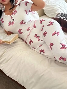 SHEIN Bộ đồ ngủ dệt kim tay ngắn cổ chữ V in nơ màu hồng dành cho nữ Bộ đồ ngủ hai mảnh dành cho nữ Bộ đồ ngủ nơ Bộ đồ ngủ dễ thương Bộ đồ ngủ phù hợp - trắng - Xem 4