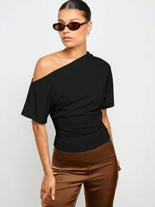 AiiRZ 露肩不对称上衣现代修身腰部短袖衬衫当代时尚秋冬春季节日晚会装