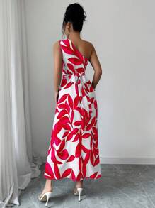Elenzga Women's Fashion All-Over Print Slit Dress With Cinched Waist And One Shoulder - Red - View 2