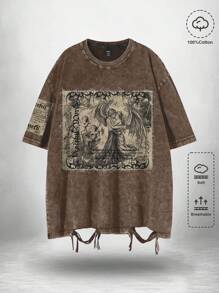 ROMWE MEN Grunge Punk Men's Vintage Angel Print Distressed T-Shirt, Summer, 2000s Style