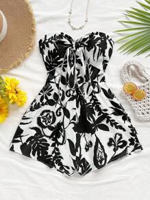 Soleia 女士度假植物印花扭纹前胸抹胸连体衣 - 黑與白 - 查看 4