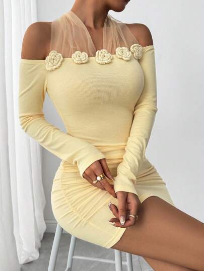 SHEIN LUNE Đầm ôm body tay dài phối lưới gợi cảm mới dành cho nữ