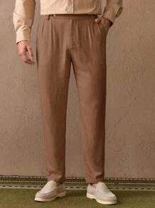 Mainfolk Men's Casual Woven Tapered Suit Pants Brown Dress Pants Pleated Pants High Waisted Pants Manfinity Pants Designer Pants, Old Money - Khaki - View 5