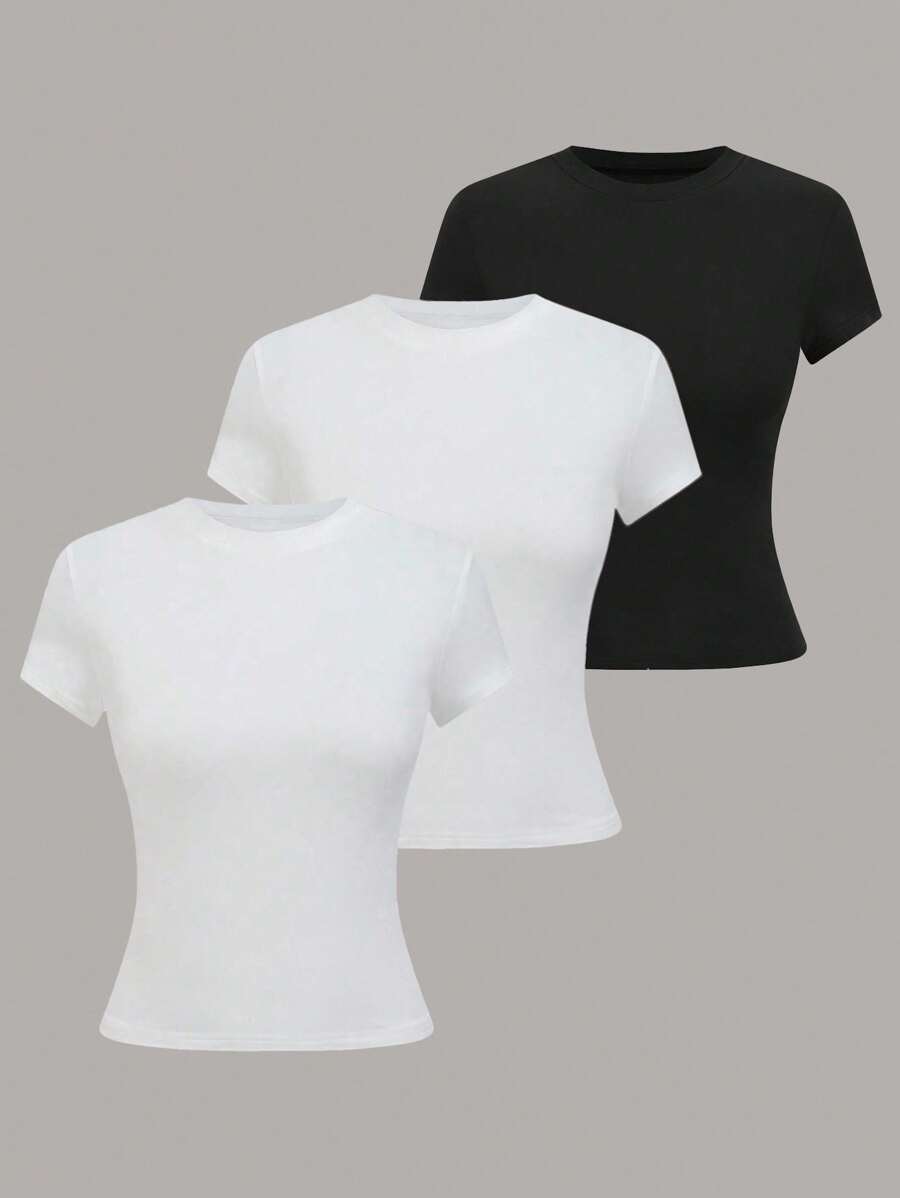 GlowEve Women's Solid Color Round Neck Short Sleeve Casual Versatile T-Shirt, Summer - Multicolor - View 1