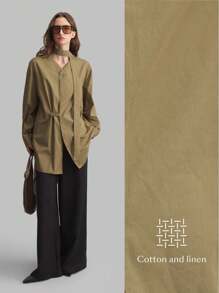 Ontre 2025 New Urban Casual Retro Japanese Style V-Neck Asymmetric Button Loop Loose Tie Accessory Women's Shirt, Minimalist Elegant For Spring/Summer - Army Green - View 3