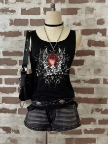 Attitoon Women's Casual Punk Heart Pattern Loose Tank Top Back To School - Black - View 1