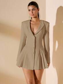 SHEIN BAE Váy xếp ly thanh lịch dành cho nữ, cổ chữ V sâu, cổ ve, cài nút phía trước, tay dài, màu trắng trơn, mùa hè - Màu Khaki - Xem 3