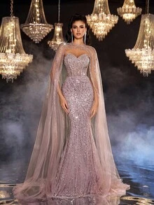 Glamrae Elegant Luxurious Beaded & Sequin Floral Detachable Jacket & Mermaid Skirt, Suitable For Wedding, Party, Vacation, Prom, Evening Gown (Heavy Embellished) - Dusty Pink - View 3