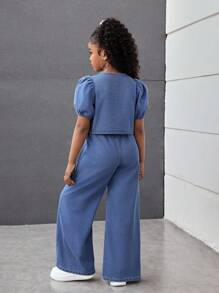 SHEIN Tween Girls Spring Summer Casual Versatile Fashion Round Neck Ruffle Sleeve Button Up Bowknot Top And Baggy Loose Fit Wide Leg Jeans Pants Set,Summer Concert Festival Casual Rave Outfits, Girls Summer Brunch Church Graduation Outfits,Streetwear Back To School Two Pieces Outfits, Blue Two Piece Set, Kids Blue Wide Leg Pants Set, Girls Blue Outfit Set, Girls Bow Top And Pants Set, Tween Girl Two Piece Outfit - Dark Wash - View 2