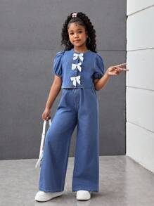 SHEIN Tween Girls Spring Summer Casual Versatile Fashion Round Neck Ruffle Sleeve Button Up Bowknot Top And Baggy Loose Fit Wide Leg Jeans Pants Set,Summer Concert Festival Casual Rave Outfits, Girls Summer Brunch Church Graduation Outfits,Streetwear Back To School Two Pieces Outfits, Blue Two Piece Set, Kids Blue Wide Leg Pants Set, Girls Blue Outfit Set, Girls Bow Top And Pants Set, Tween Girl Two Piece Outfit - Dark Wash - View 3