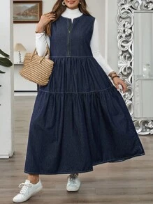 SHEIN CURVE+ 大码女式休闲宽松无袖牛仔连衣裙 - 藍色 - 查看 3