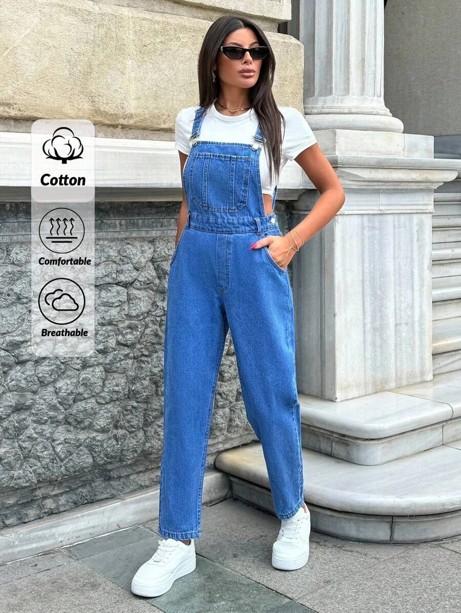 SHEIN Cottnline 100% Cotton Rigid Slant Pocket Denim Overalls - Medium Wash - View 1