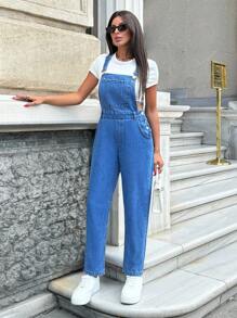 SHEIN Cottnline 100% Cotton Rigid Slant Pocket Denim Overalls - Medium Wash - View 6