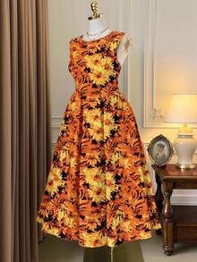 Celure Halloween Plus Size Women's Elegant Printed Pleated Midi Dress, Sleeveless, Suitable For Daily Wear In Summer Sunflower Dress Vintage Dress Van Gogh Dress Floral Dress Autumn Dress