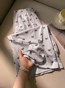 Tween Girls' Bow Print Elastic Waist Casual Pants - Grey - View 5
