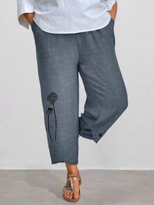 SHEIN CURVE+ Quần ống côn họa tiết hoa sen cạp chun mới dành cho nữ cỡ lớn - Xám - Xem 5