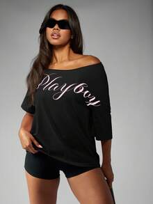 Missguided x Playboy Off Shoulder Script T Shirt Contemporary Design Relaxed Fit Ladies Fashion Street Style Three Quarter Sleeve Casual Loungewear - Black - View 1