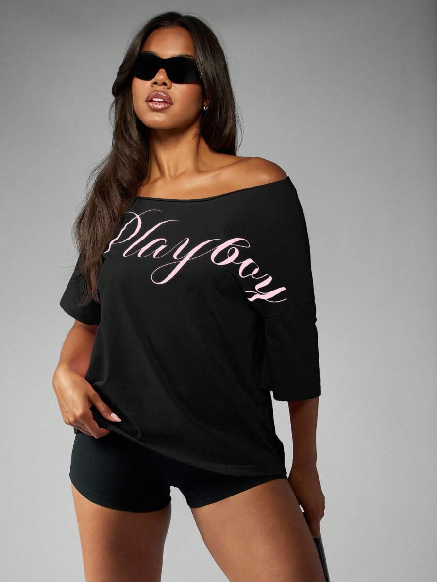 Missguided x Playboy Off Shoulder Script T Shirt Contemporary Design Relaxed Fit Ladies Fashion Street Style Three Quarter Sleeve Casual Loungewear - Black - View 1