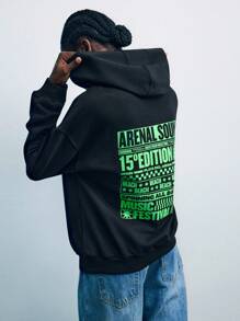 Maija SHEIN X Arenal Sound ArenalSound 女式标语印花落肩宽松口袋连帽衫黑色连帽衫女士连帽衫必备款图案连帽衫秋冬女装 - 黑色 - 查看 8