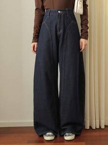 K-Vae 女士秋冬深蓝色镰刀裤牛仔裤，学院风牛仔裤，韩版，万圣节服装，别致秋季 - 深色水洗藍 - 查看 3