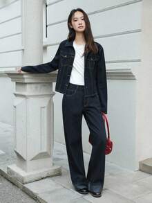 K-Vae Women's Autumn And Winter Dark Denim Jacket And Trousers Two Pieces Set, Old Money Style Denim Suit, Korean Style,Alloween Costumes,Chic Autumn - Dark Wash - View 6