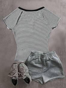 SHEIN EZwear 女式休闲条纹 V 领插肩袖短袖 T 恤，夏季 - 灰色 - 查看 2