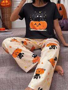 万圣节黑猫和南瓜印花针织短袖上衣和裤子套装 - 橘色 - 查看 5