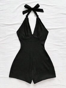 Soleia Women's Solid Color Halter Neck Jacquard Jumpsuit - Black - View 5