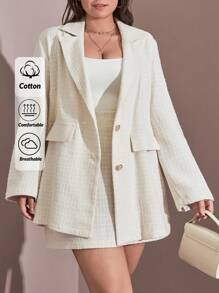 RueChic 大码翻领单排扣西装外套和裙子 - 米色 - 查看 1