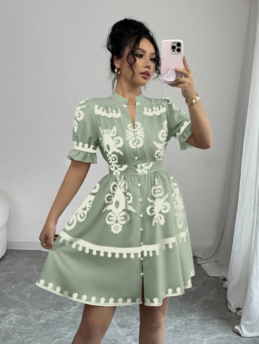 Elenzga Damen Lässig Kleid mit Blume Muster, V-Ausschnitt und Taillenbindung