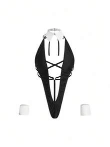 4件套女老板万圣节女仆性感俏皮OL内衣套装，黑白 - 黑與白 - 查看 5