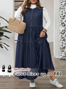 SHEIN CURVE+ 大码女式休闲宽松无袖牛仔连衣裙 - 藍色 - 查看 1