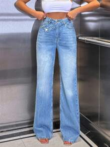 EURMUSE 100% Cotton High Waist Asymmetric Belt Wideleg Jean - Medium Wash - View 3