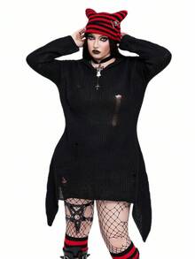 SHEIN Whyspr Vestido de punto con capucha de unicolor y efecto desgastado de estilo oscuro y de moda para tallas grandes - Negro - Ver 5