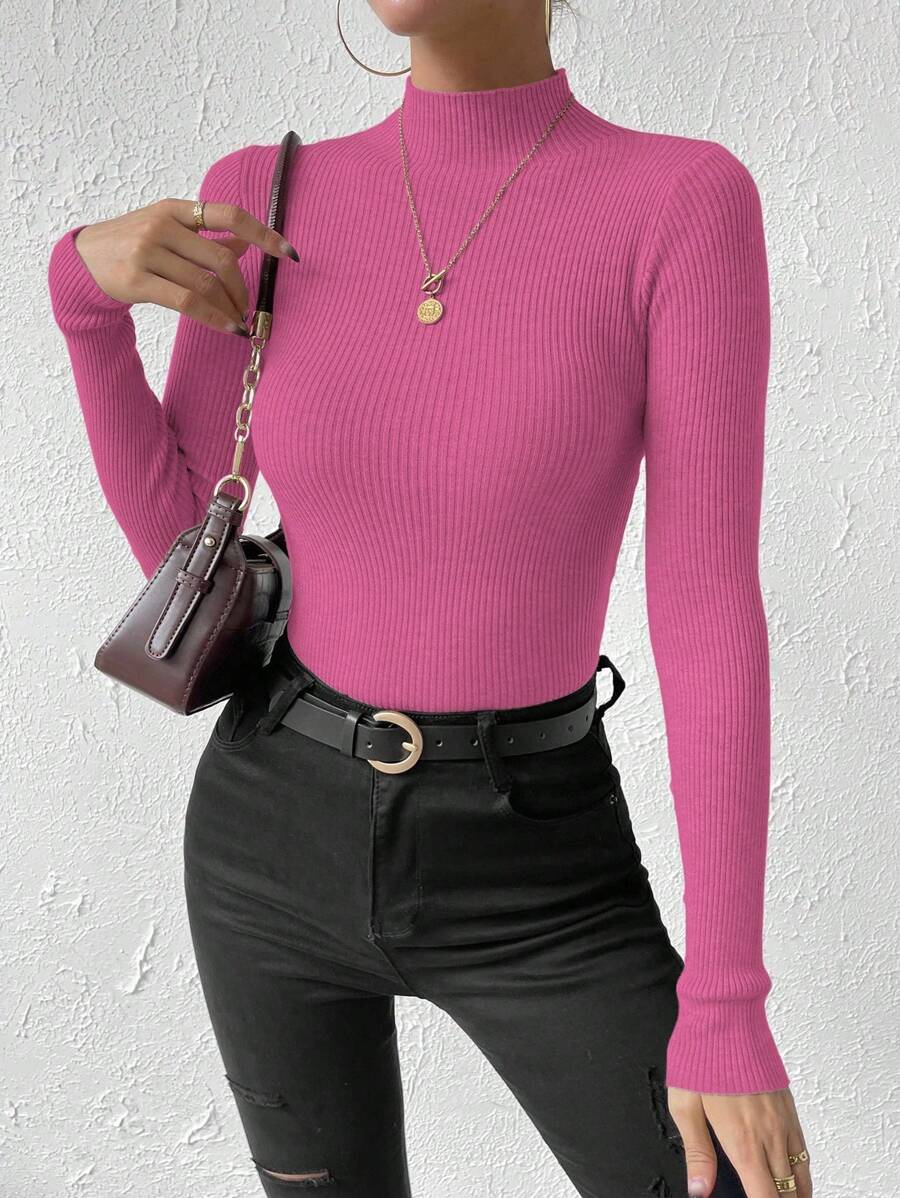 RosyDaze Áo len cổ đứng màu trơn đơn giản, dáng ôm, thu/đông