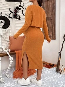 SHEIN طقم كاجوال من 2 قطعة: جاكيت أحادي الصدر بأكمام طويلة وفستان، لملابس الحمل - لون برتقالي - مشاهدة 2