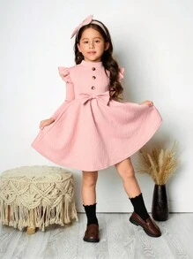 SHEIN 年轻女孩休闲复古优雅立领纹理提花纽扣系带长袖宽裙连衣裙。长袖连衣裙。秋季连衣裙。派对连衣裙。简单休闲，可爱优雅。秋季连衣裙。日常穿着。适合秋冬。 - 粉色 - 查看 11