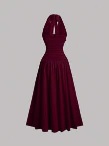 Sweetra Đầm Maxi Xòe Tay Halter Cổ Thấp Phối Ren Thời Trang Châu Âu Và Mỹ Cho Nữ, Phong Cách Mùa Hè, Thường Ngày, Kỳ Nghỉ - Màu Đỏ Sâu - Xem 2