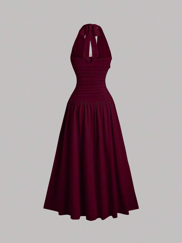 Sweetra Women's Summer European And American Fashion Fitted Pleated Low Neck Metal Decor Halter Tie Maxi Swing Dress, Casual Vacation - Burgundy - View 2