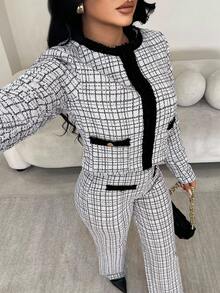 SHEIN SXY Women Minimalist Elegant Vintage Black&White Plaid Jacket, Casual/Work/Party/Formal Occasion Wear, Versatile Short Outerwear For Autumn/Winter, - Multicolor - View 7