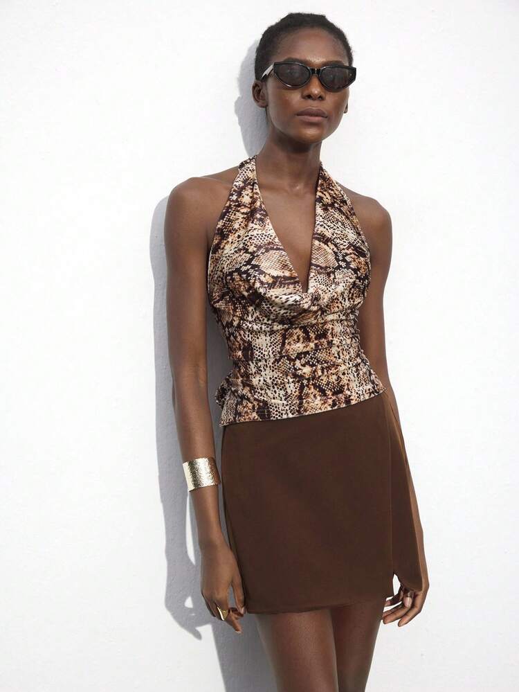 SHEIN Maija Autumn/Winter New Year Brown Animal Print Open Back Tie Up Crop Top,Festival