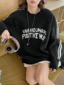 DAZY 女士圆领休闲韩版风格艺术字母撞色长袖毛衣秋季